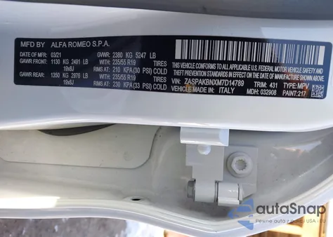 2021 Alfa Romeo Stelvio Ti Awd из США, поврежденный, VIN ZASPAKBNXM7D14789